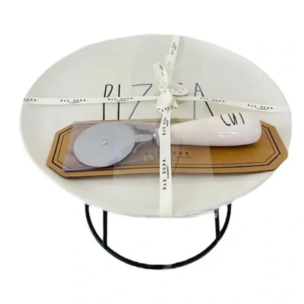 NWT Rae Dunn Pizza Tray and Cutter Set - includes stand, plate, and pizza cutter